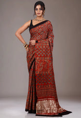 Red Ajrakh print in Modal Silk Saree With Blouse Piece