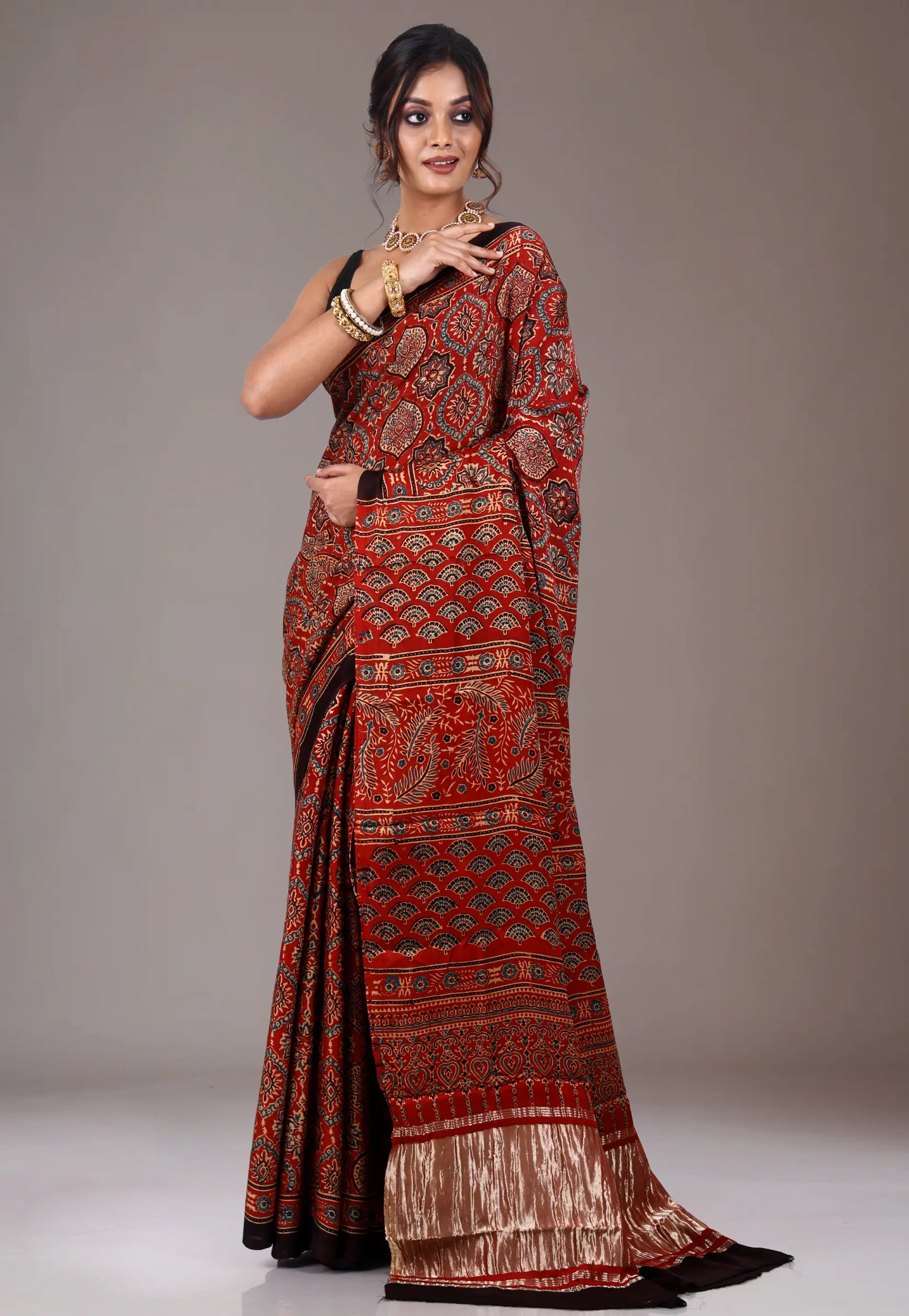 Red Ajrakh print in Modal Silk Saree With Blouse Piece