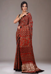 Red Ajrakh print in Modal Silk Saree With Blouse Piece