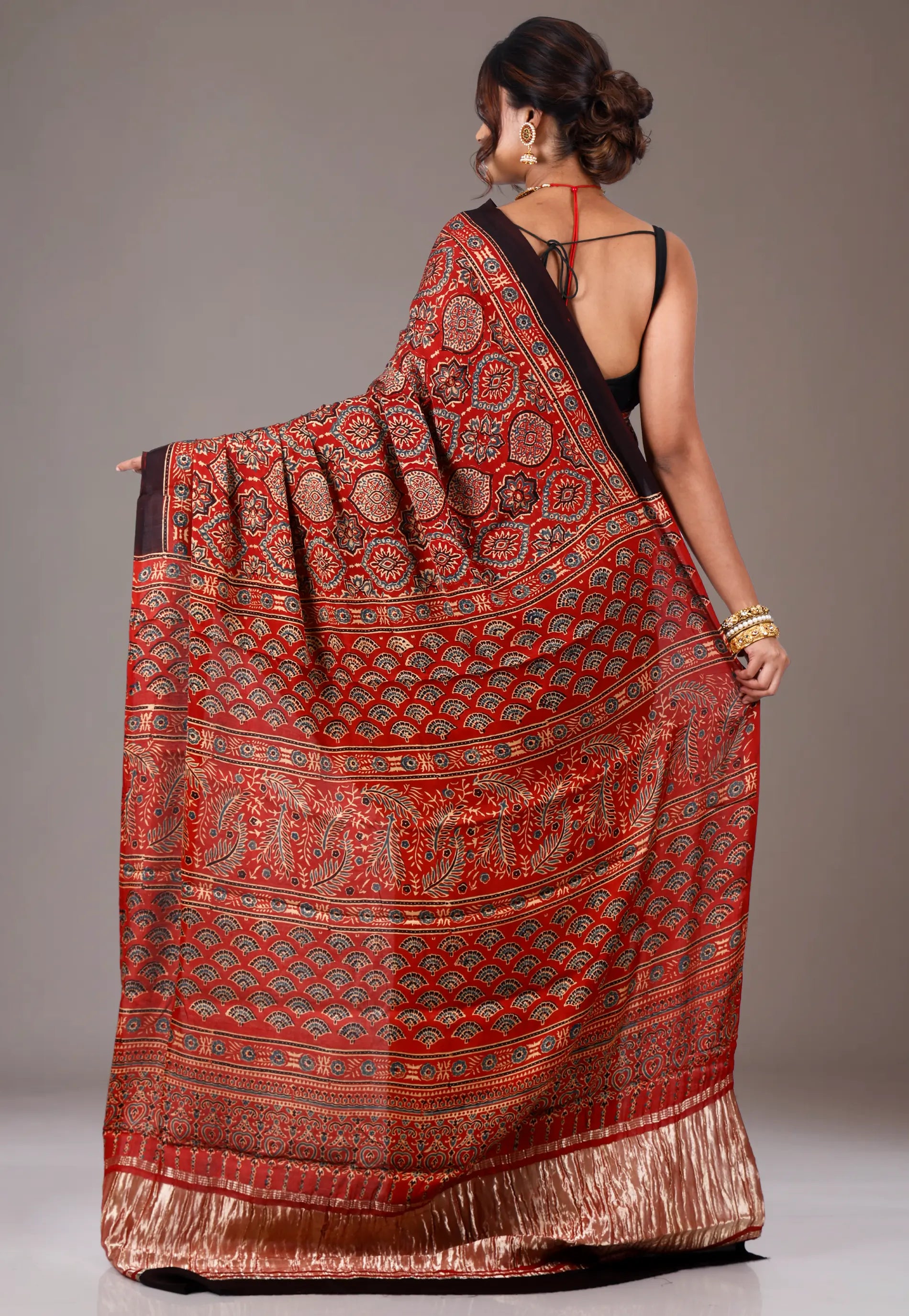 Red Ajrakh print in Modal Silk Saree With Blouse Piece