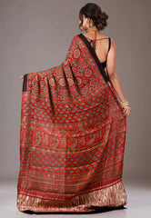 Red Ajrakh print in Modal Silk Saree With Blouse Piece