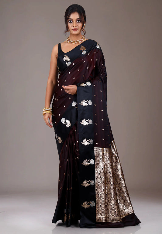 Dark Maroon with Black Border Wedding Banarasi Silk Saree with Blouse Piece