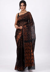 Black Dhakai Jamdani Cotton Saree without Blouse Piece
