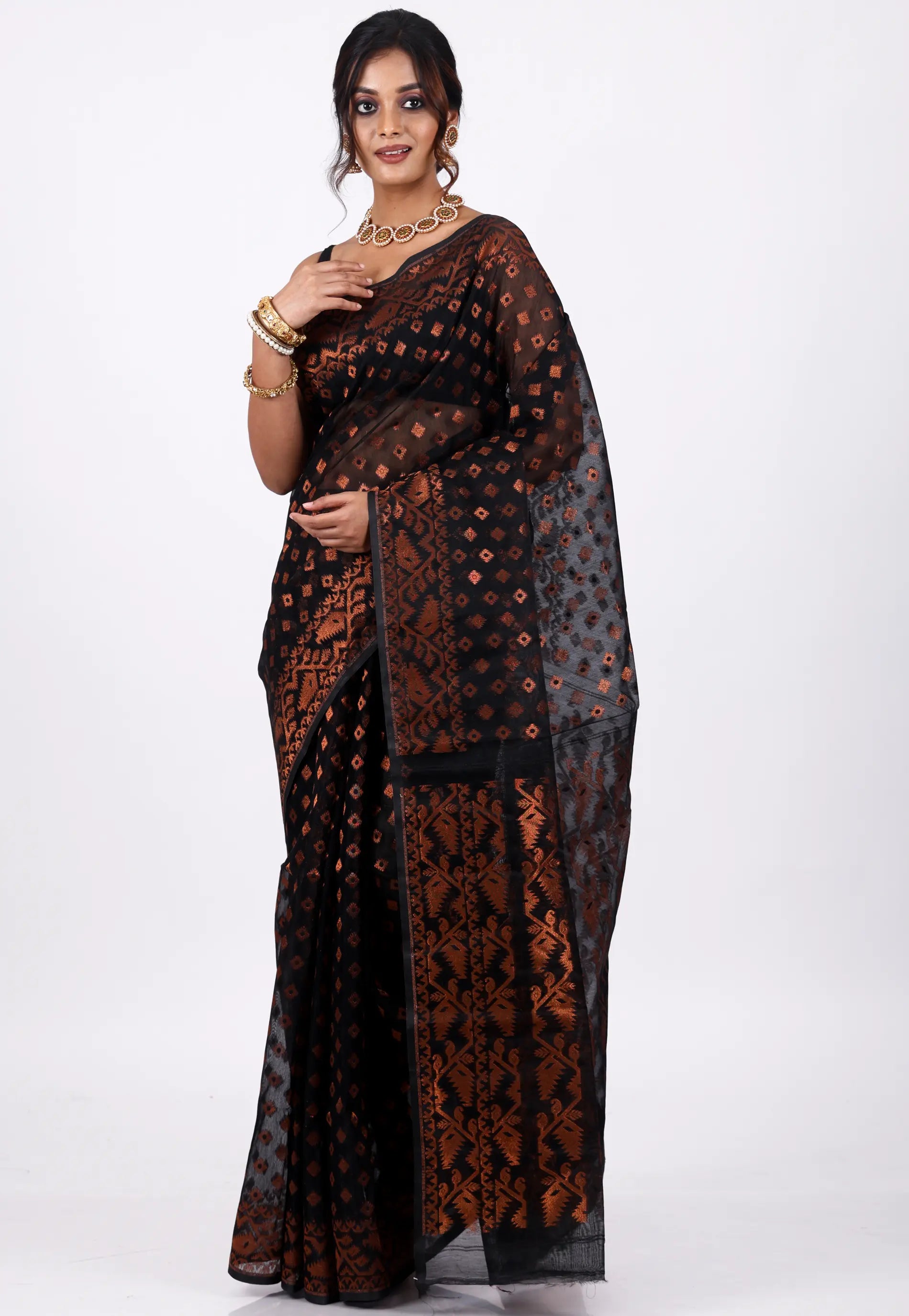 Black Dhakai Jamdani Cotton Saree without Blouse Piece