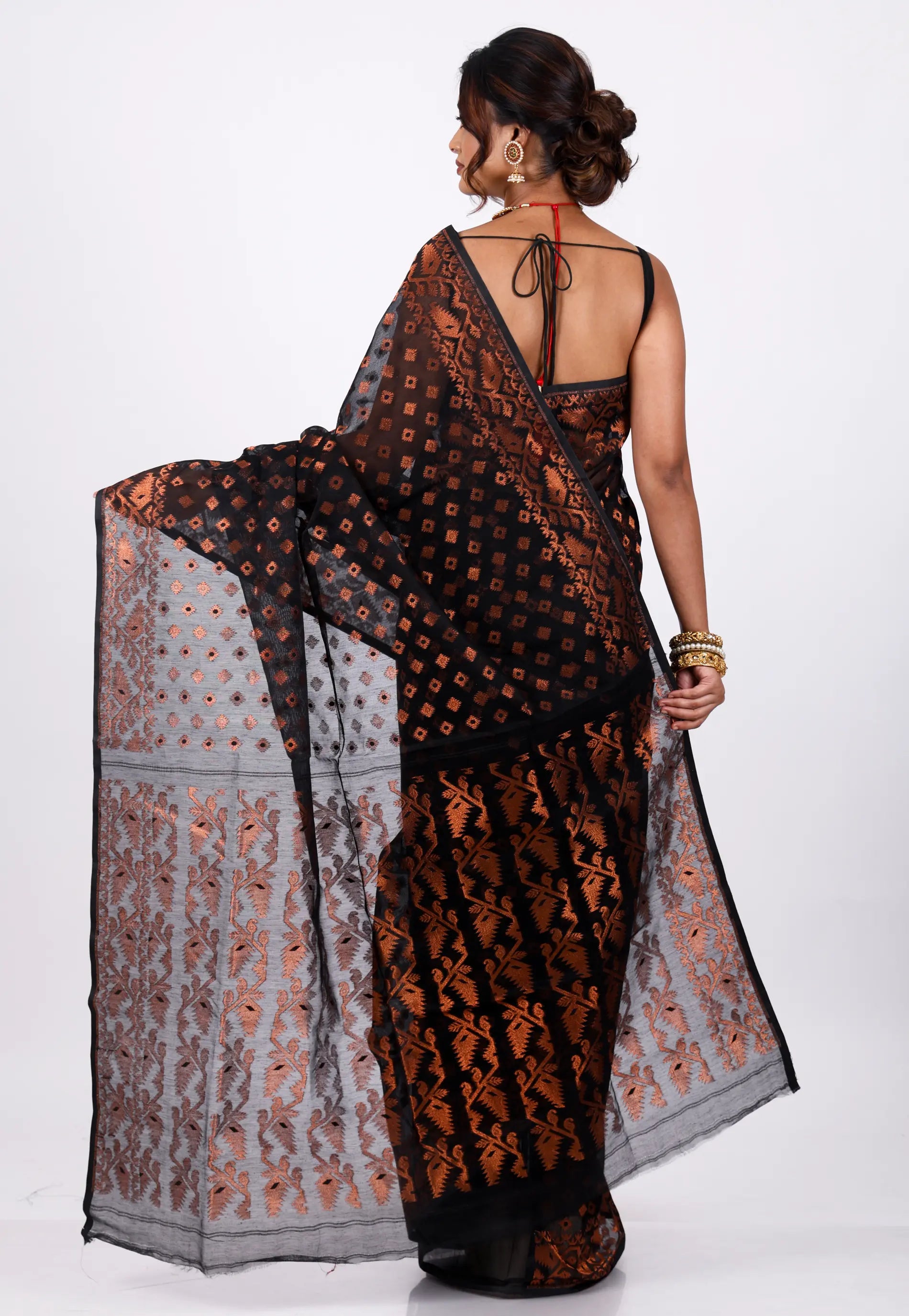 Black Dhakai Jamdani Cotton Saree without Blouse Piece