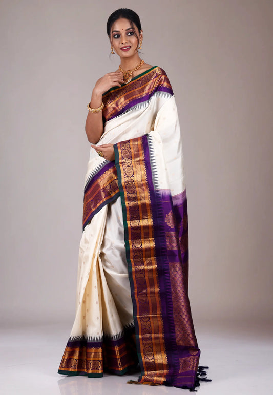 Off White with Purple Border Gadwal Pure Silk Saree With Blouse Piece