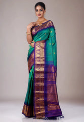 Rama Green with Purple Border Gadwal Pure Silk Saree With Blouse Piece