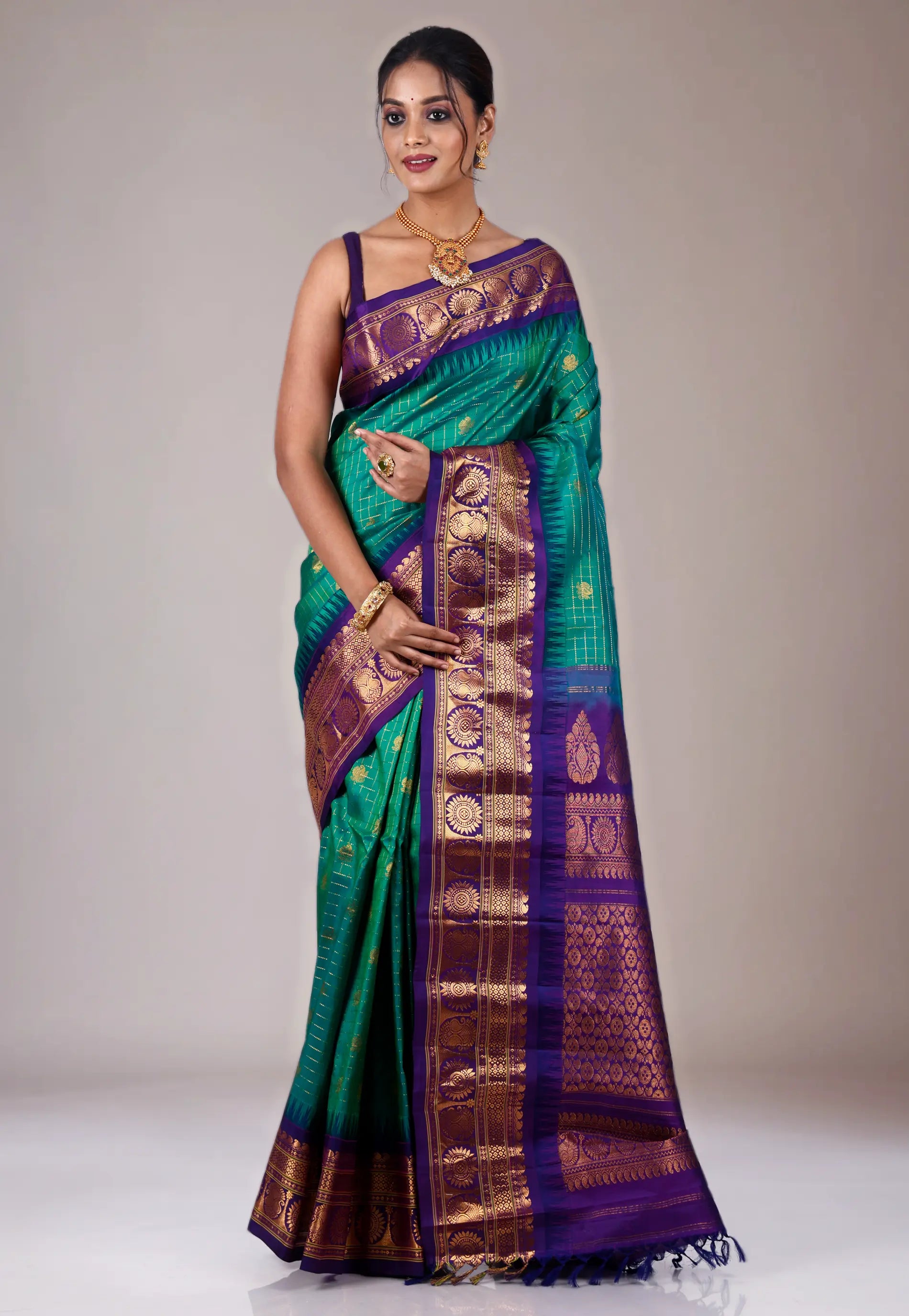 Rama Green with Purple Border Gadwal Pure Silk Saree With Blouse Piece