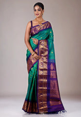 Rama Green with Purple Border Gadwal Pure Silk Saree With Blouse Piece