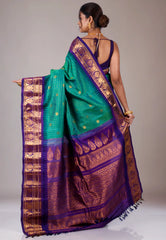 Rama Green with Purple Border Gadwal Pure Silk Saree With Blouse Piece