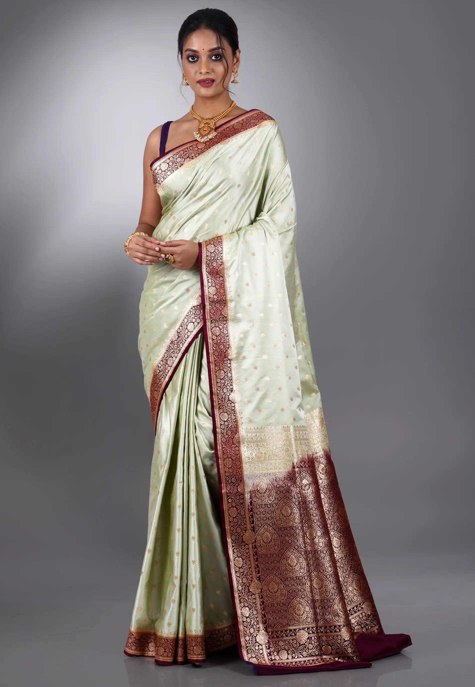 Lime Green with Magenta Border Pastel Benarasi Saree With Blouse Piece