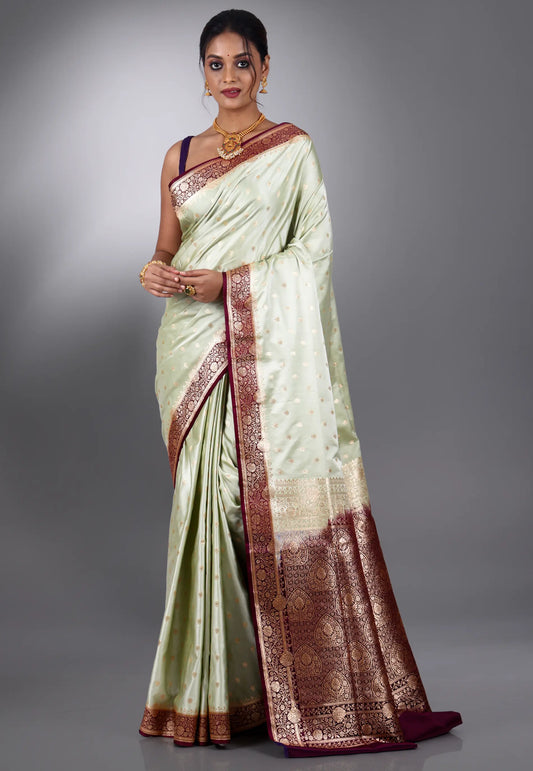 Lime Green with Magenta Border Pastel Benarasi Saree With Blouse Piece