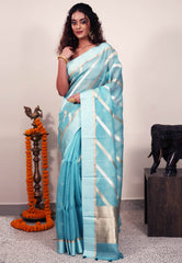 Sky Blue Silk Saree With Blouse Piece - Adi Akshoy & Co.