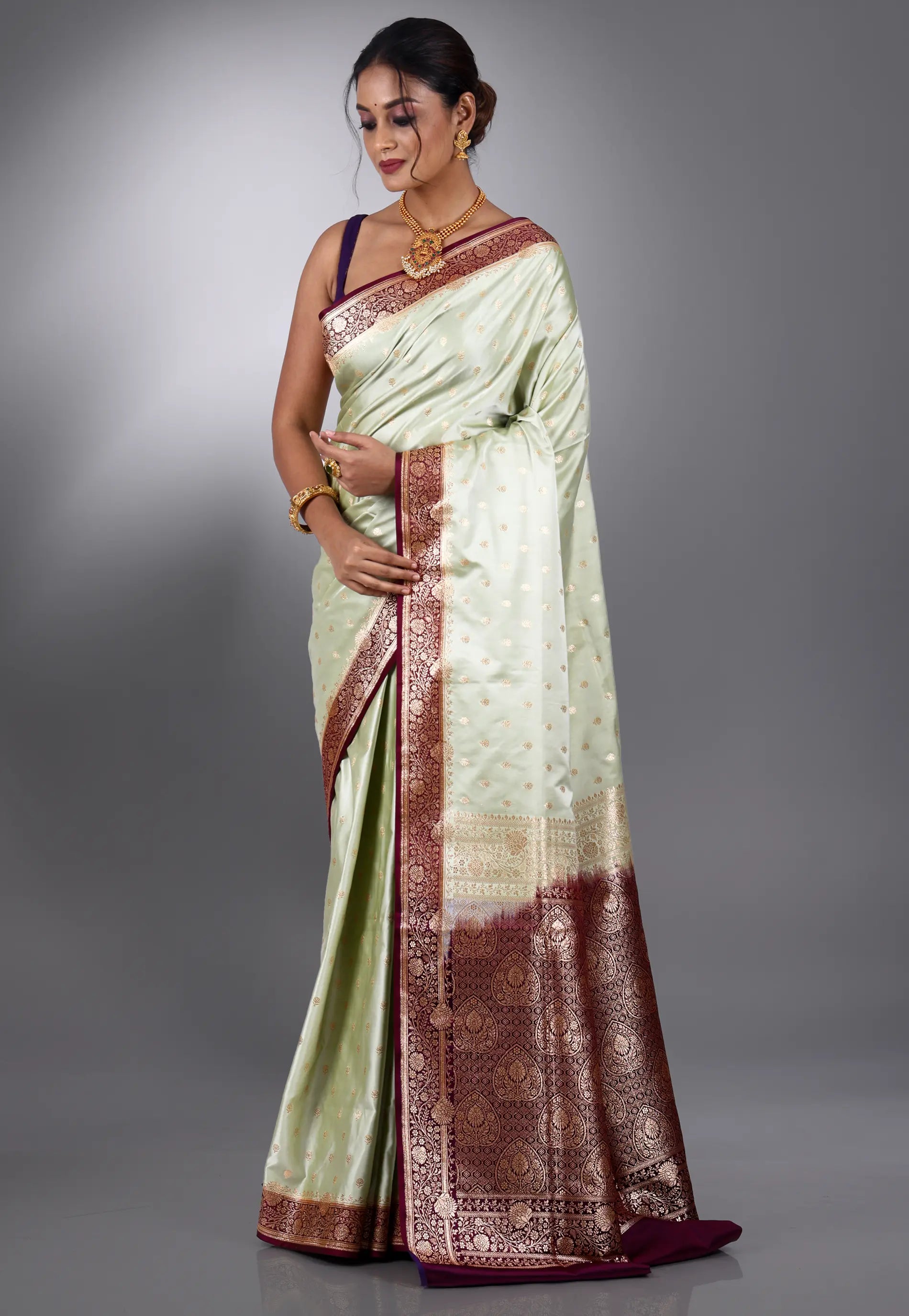 Lime Green with Magenta Border Pastel Benarasi Saree With Blouse Piece