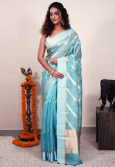 Sky Blue Silk Saree With Blouse Piece - Adi Akshoy & Co.