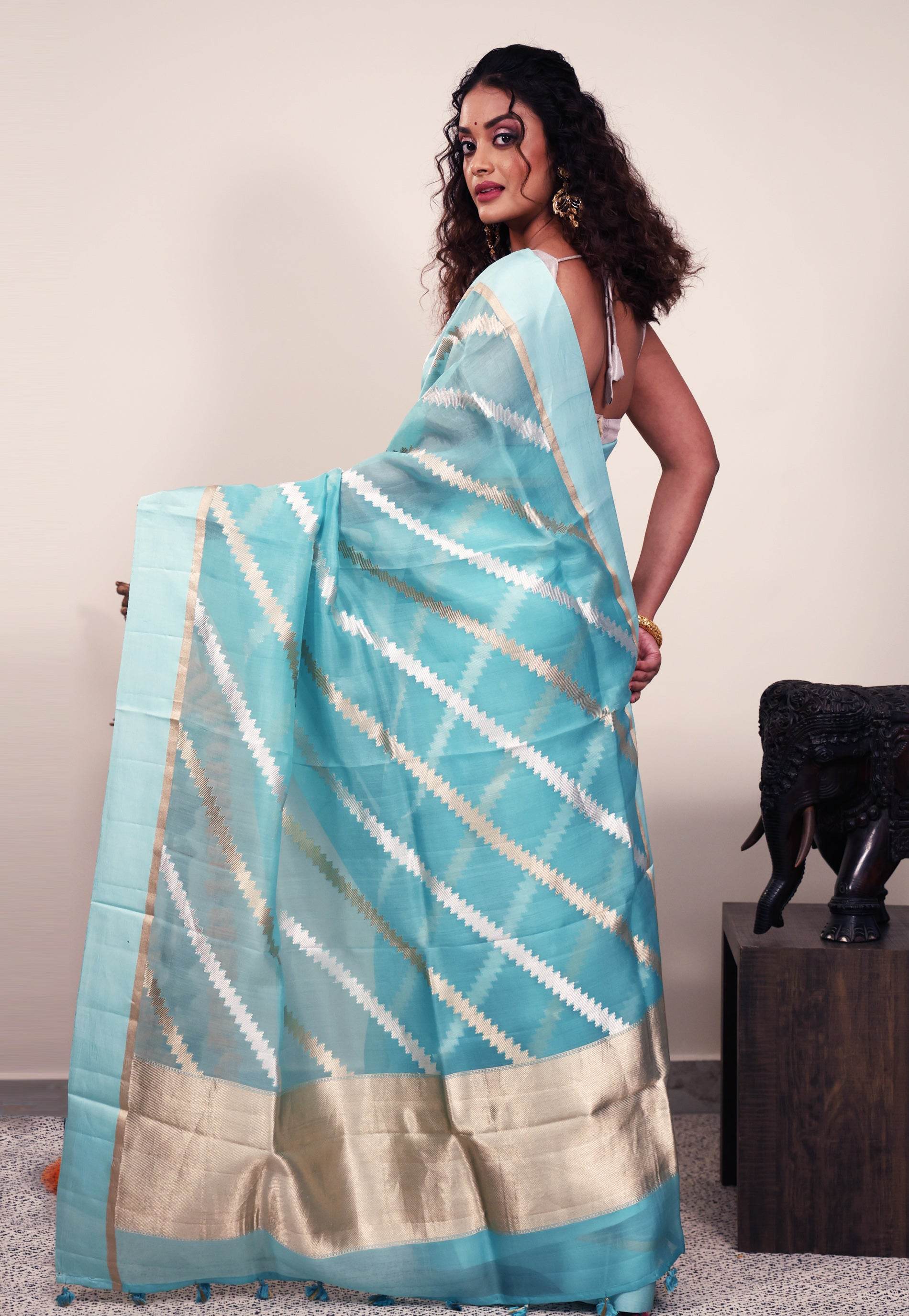 Sky Blue Silk Saree With Blouse Piece - Adi Akshoy & Co.