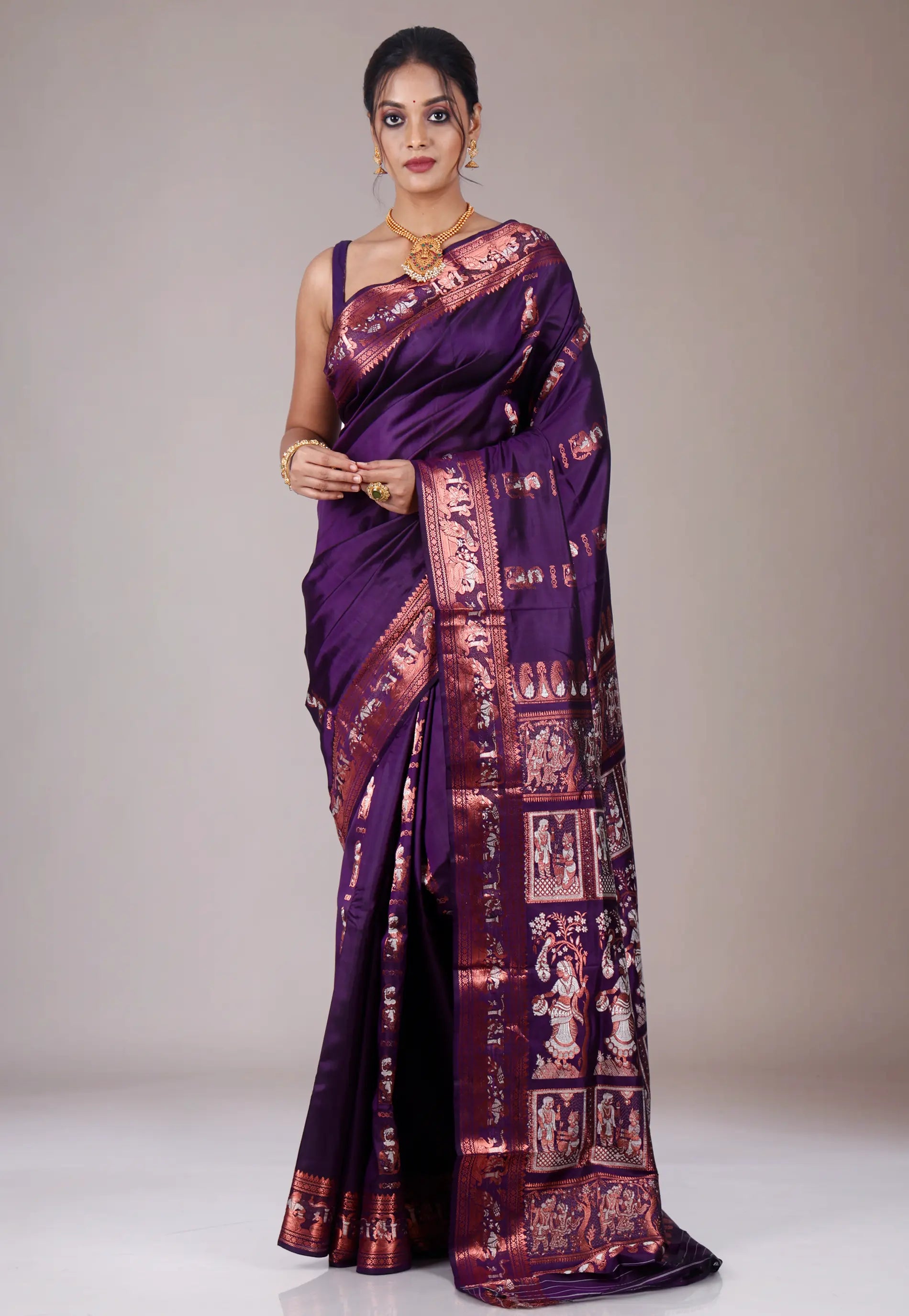 Magenta Baluchari Pure Silk Saree with Blouse Piece