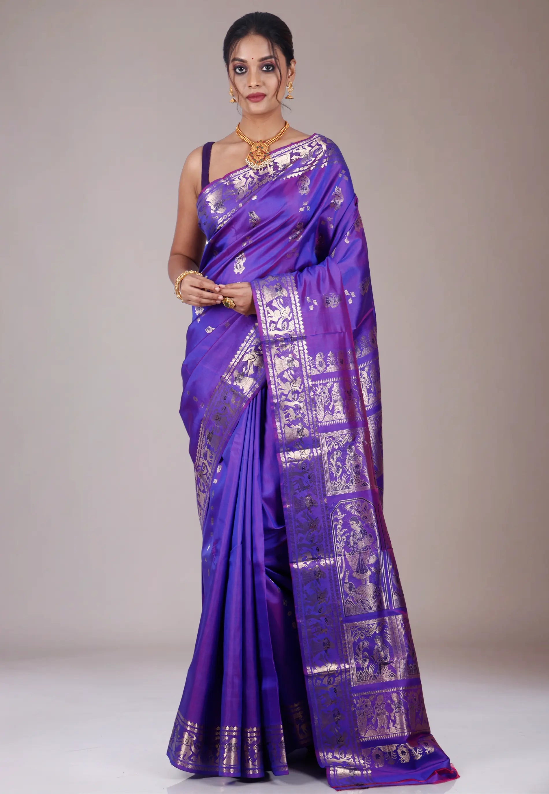 Cross Purple Baluchari Pure Silk Saree with Blouse Piece