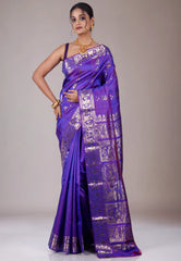 Cross Purple Baluchari Pure Silk Saree with Blouse Piece