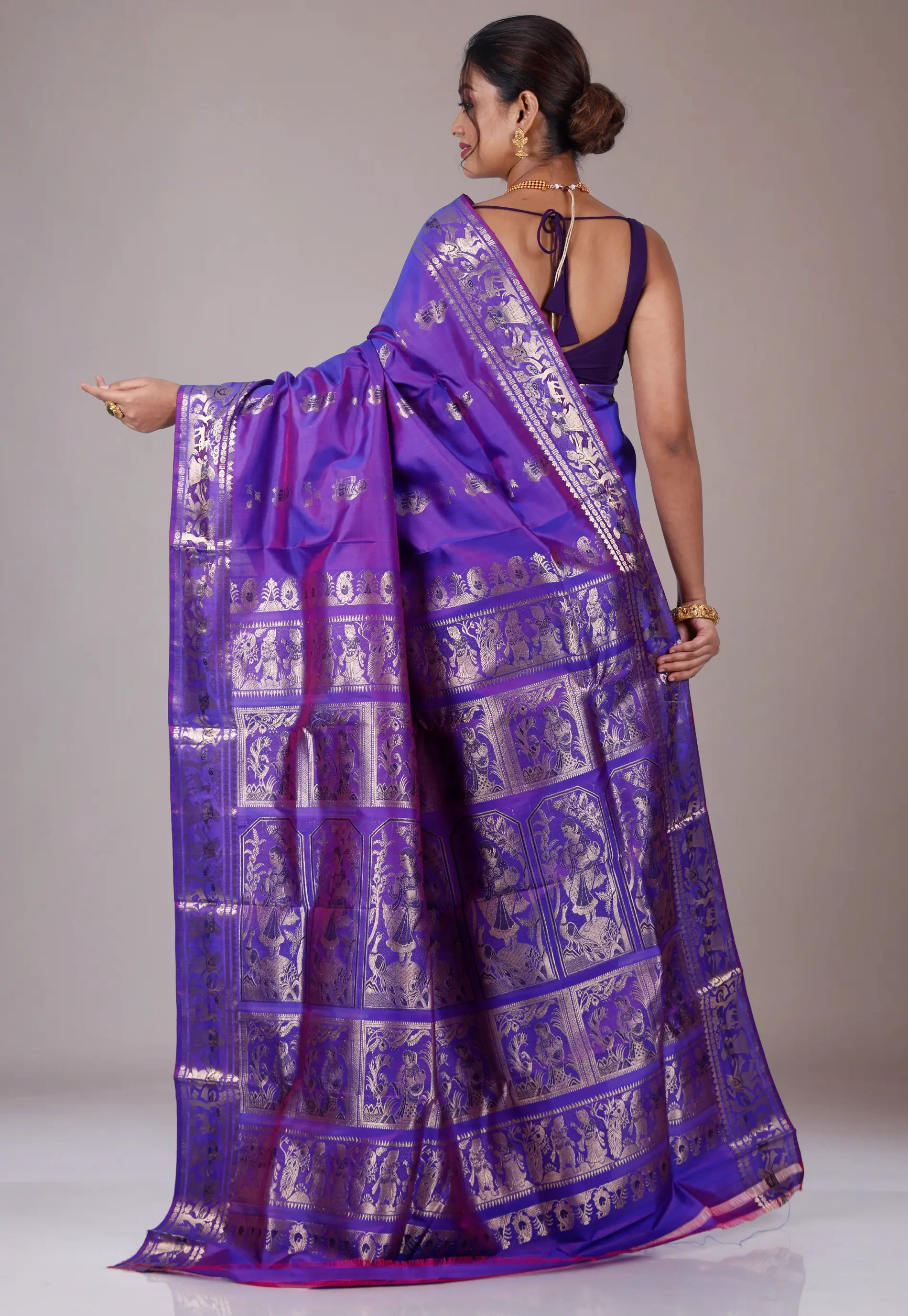 Cross Purple Baluchari Pure Silk Saree with Blouse Piece