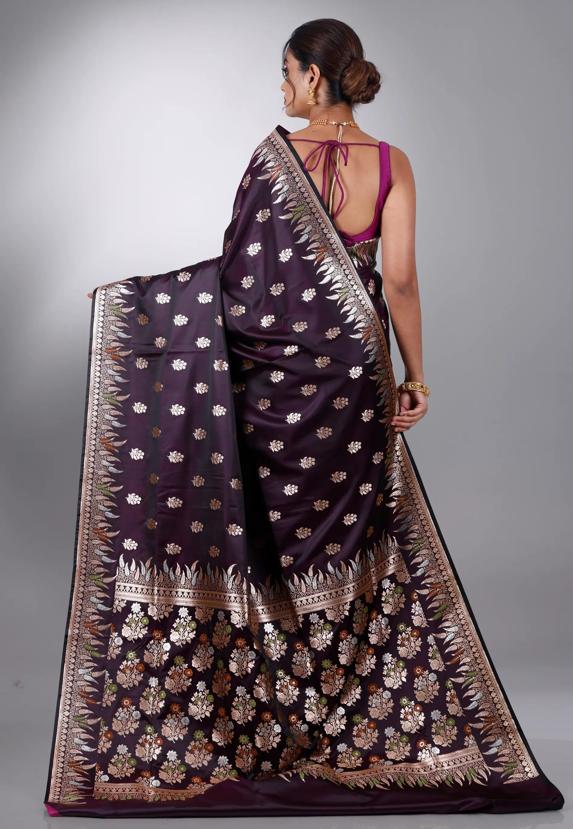 Dark Purple Wedding Banarasi Silk Saree with Blouse Piece