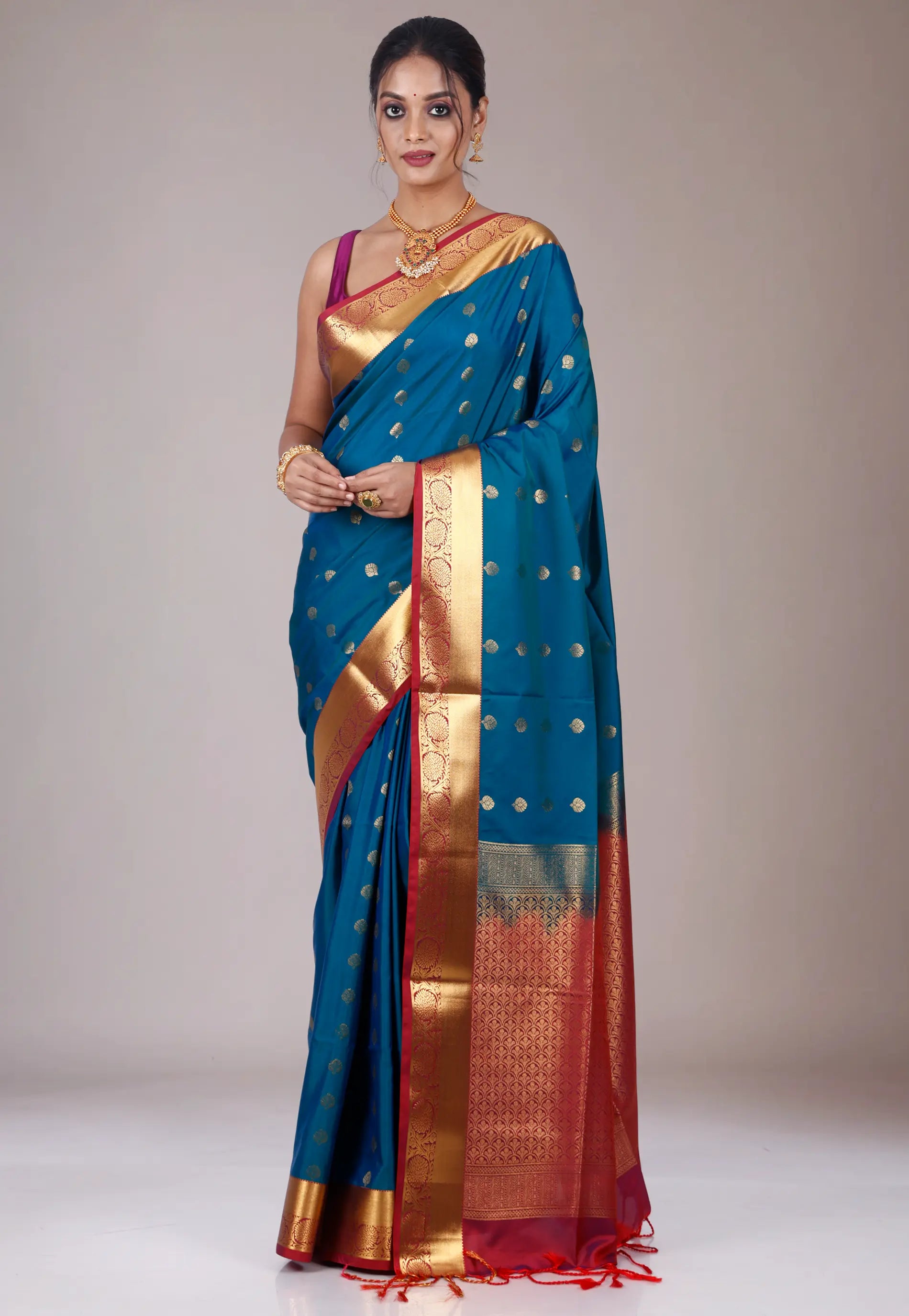 Peacock Blue Katan Silk Saree With Blouse Piece