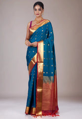 Peacock Blue Katan Silk Saree With Blouse Piece