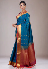 Peacock Blue Katan Silk Saree With Blouse Piece