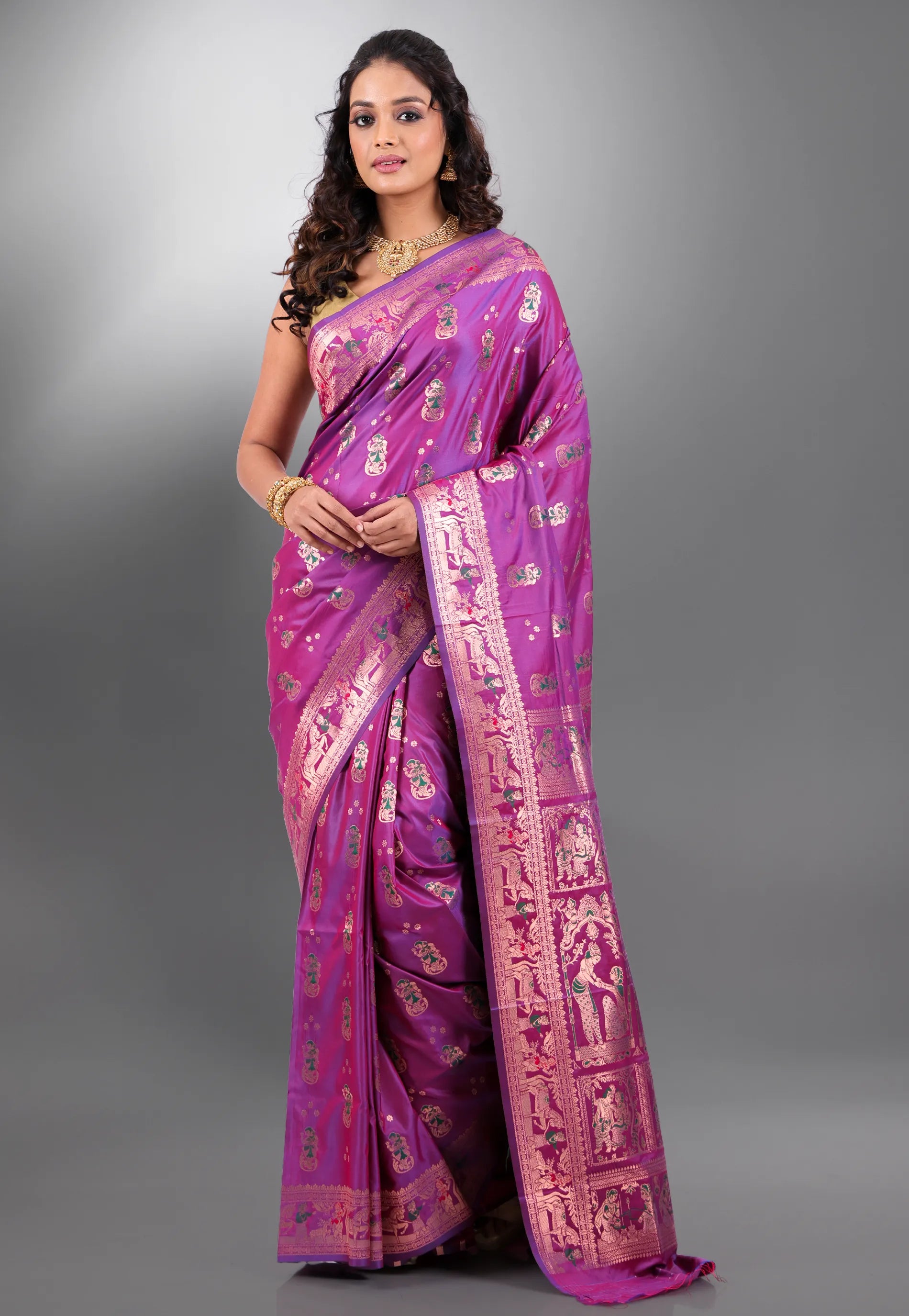 Magenta Baluchari Silk Saree with Blouse Piece - Adi Akshoy & Co.