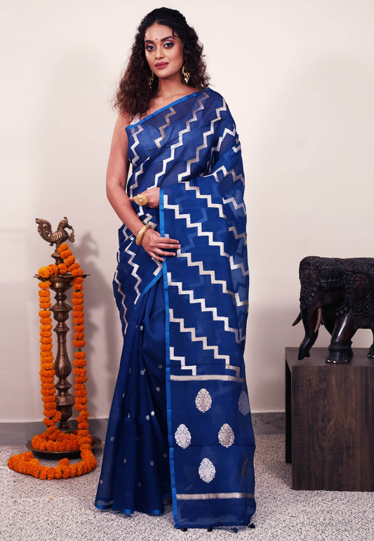 Turquoise Blue Kora Silk Saree With Blouse Piece - Adi Akshoy & Co.