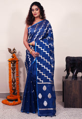 Turquoise Blue Kora Silk Saree With Blouse Piece - Adi Akshoy & Co.
