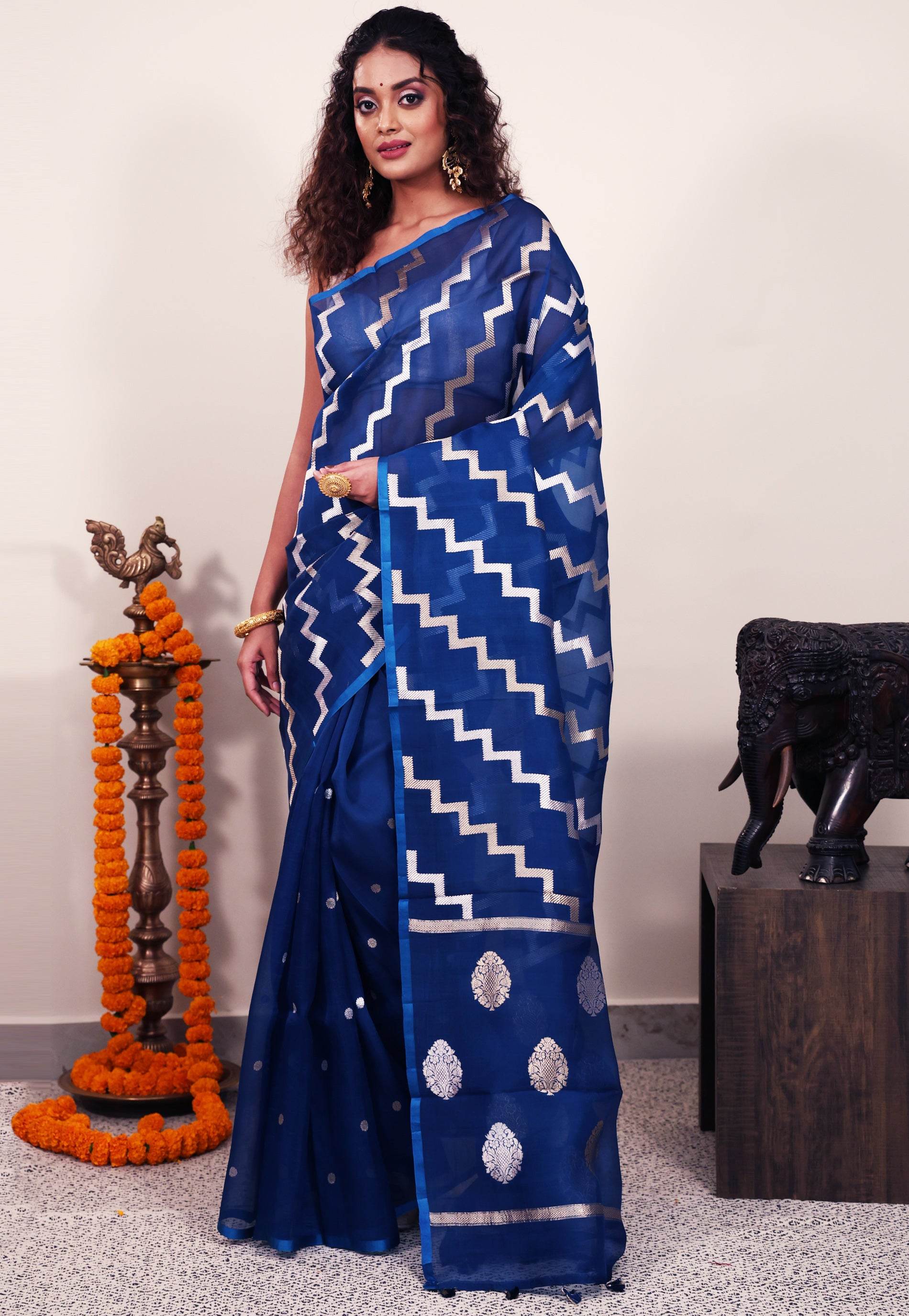 Turquoise Blue Kora Silk Saree With Blouse Piece - Adi Akshoy & Co.