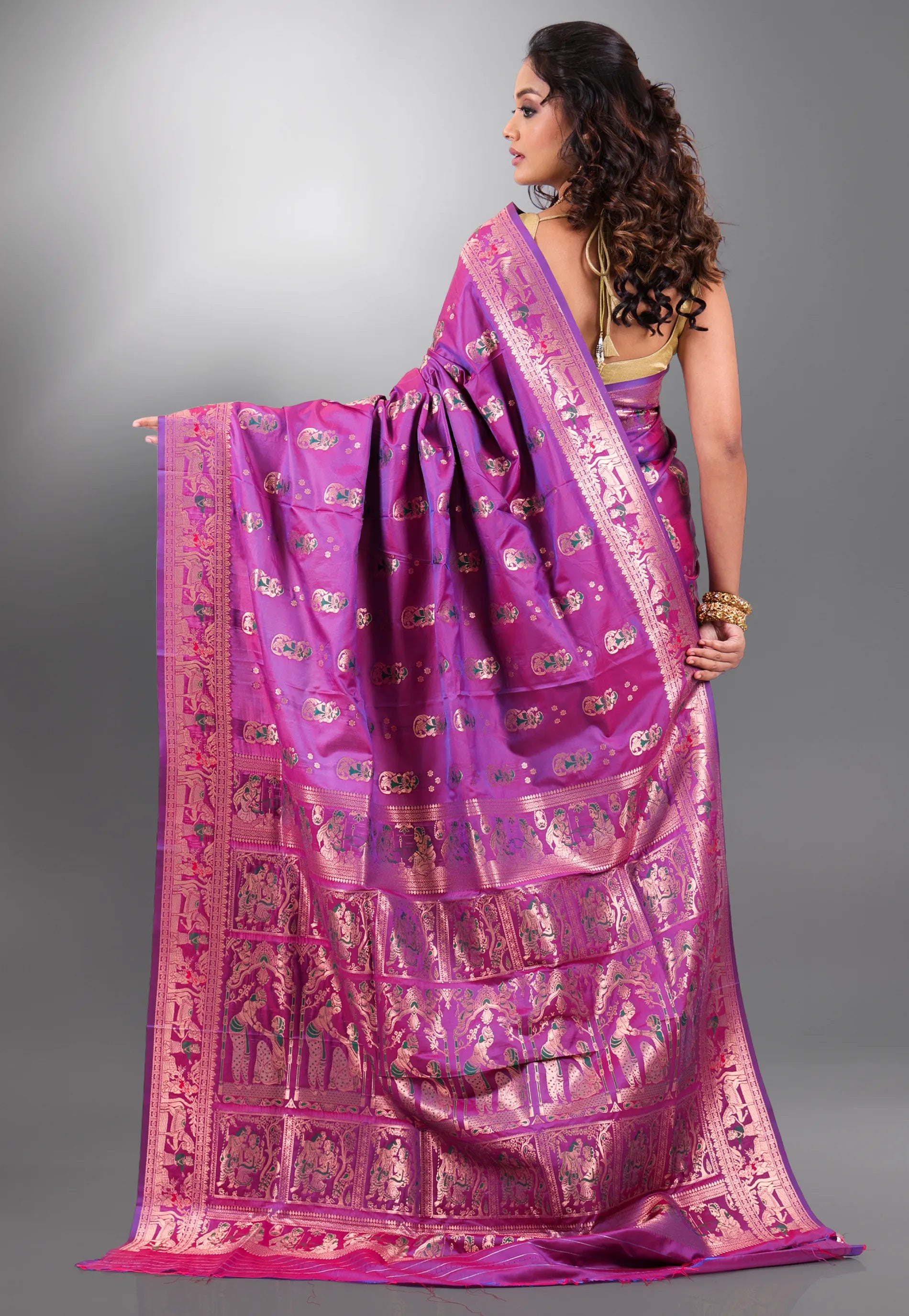 Magenta Baluchari Silk Saree with Blouse Piece - Adi Akshoy & Co.