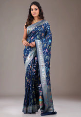 Navy Blue with Zari work Tussar Silk Saree with Blouse Piece - Adi Akshoy & Co.