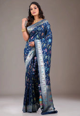 Navy Blue with Zari work Tussar Silk Saree with Blouse Piece - Adi Akshoy & Co.