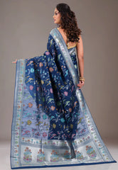 Navy Blue with Zari work Tussar Silk Saree with Blouse Piece - Adi Akshoy & Co.