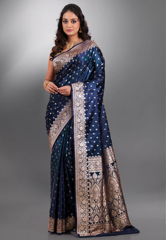 Peacock Blue with Zari work Wedding Banarasi Saree with Blouse Piece - Adi Akshoy & Co.