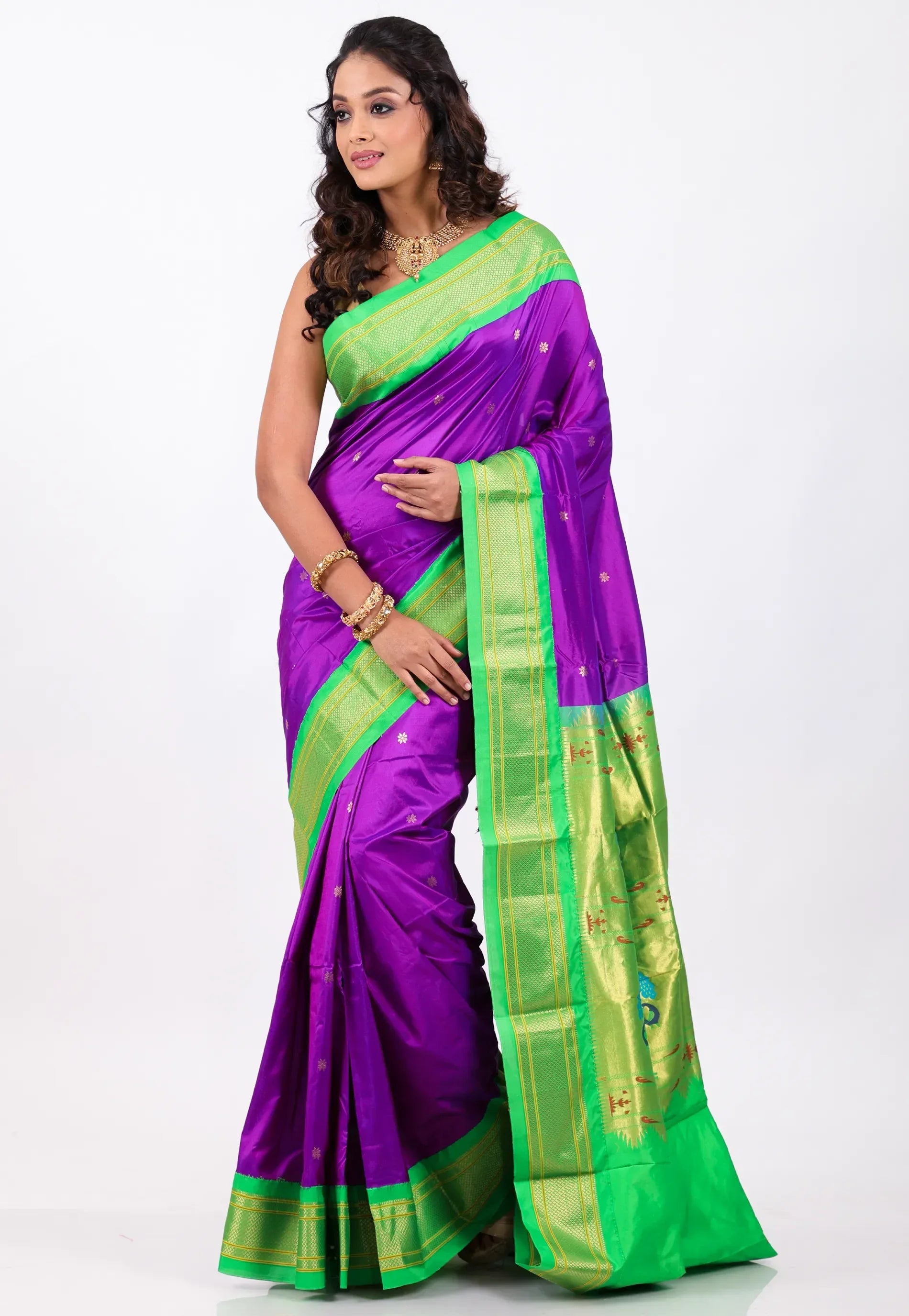 Purple with Green Border Pure Paithani Silk Saree With Blouse Piece - Adi Akshoy & Co.