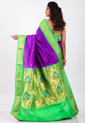 Purple with Green Border Pure Paithani Silk Saree With Blouse Piece - Adi Akshoy & Co.
