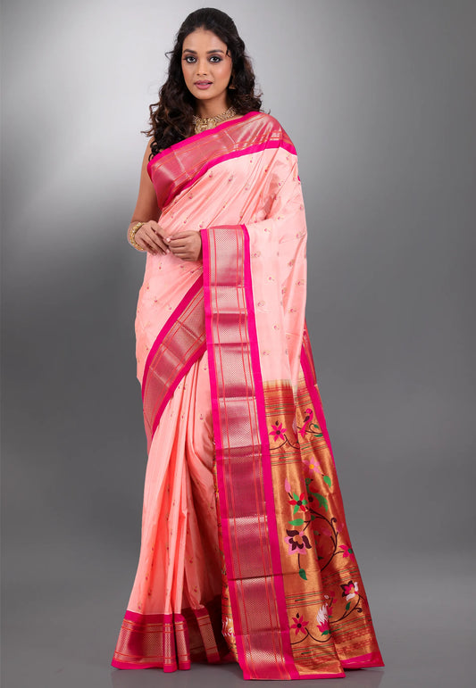 Peach with Deep Pink Border Pure Paithani Silk Saree With Blouse Piece - Adi Akshoy & Co.