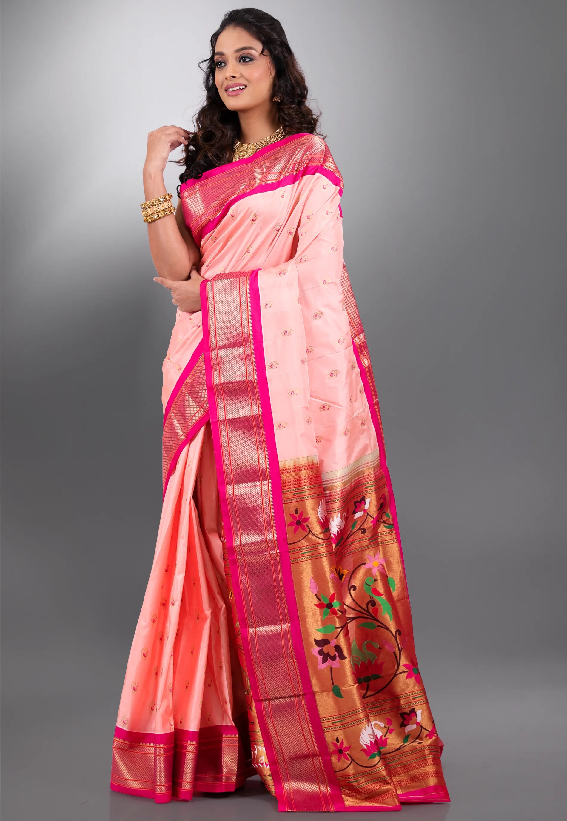 Peach with Deep Pink Border Pure Paithani Silk Saree With Blouse Piece - Adi Akshoy & Co.