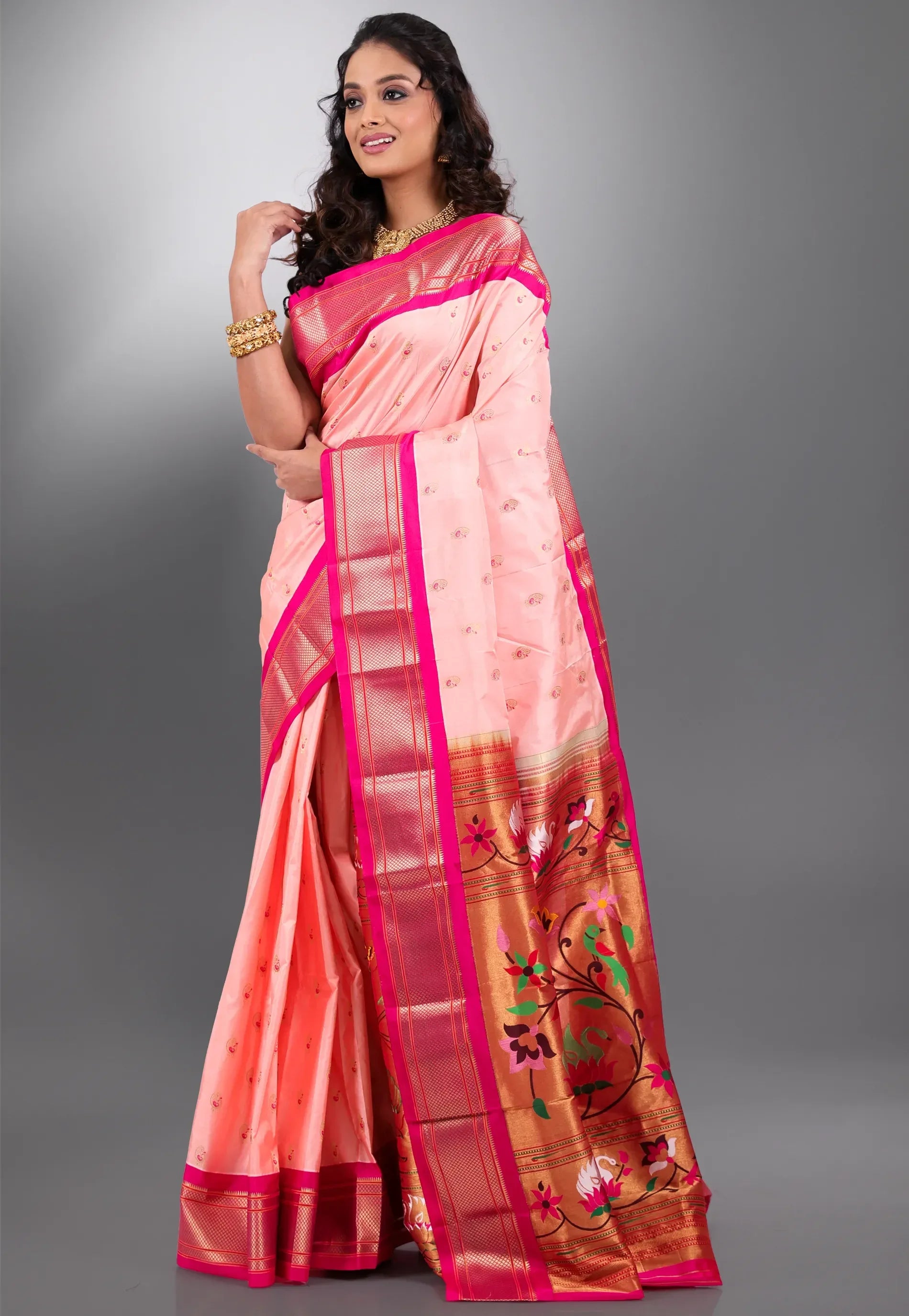 Peach with Deep Pink Border Pure Paithani Silk Saree With Blouse Piece - Adi Akshoy & Co.