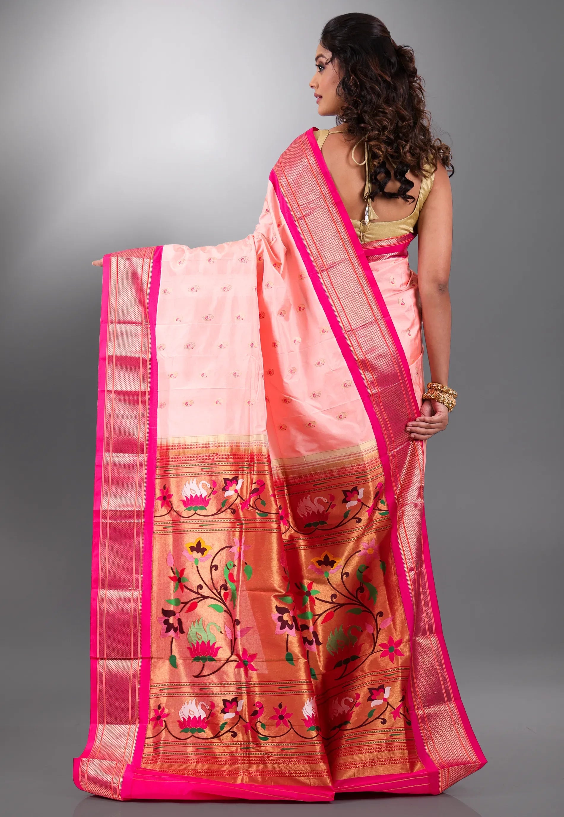 Peach with Deep Pink Border Pure Paithani Silk Saree With Blouse Piece - Adi Akshoy & Co.