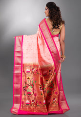 Peach with Deep Pink Border Pure Paithani Silk Saree With Blouse Piece - Adi Akshoy & Co.