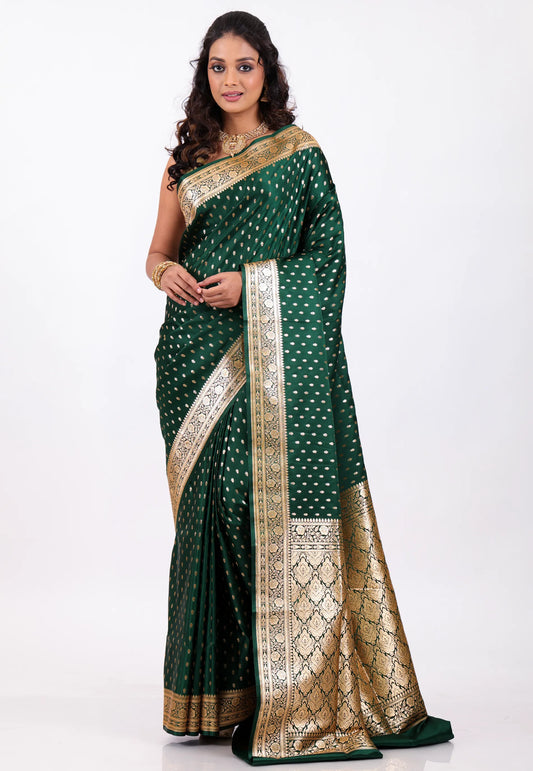 Bottle Green with Golden Zari work Wedding Banarasi Saree with Blouse Piece - Adi Akshoy & Co.