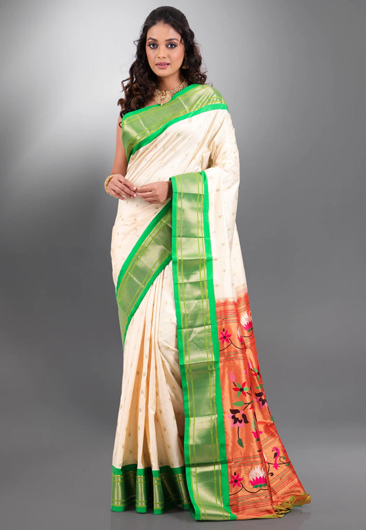 Cream Colour with Green Border Pure Paithani Silk Saree With Blouse Piece - Adi Akshoy & Co.