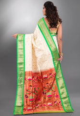 Cream Colour with Green Border Pure Paithani Silk Saree With Blouse Piece - Adi Akshoy & Co.