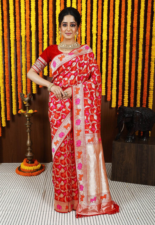 Red Minakari Kadwa Pure Silk Banarasi Saree with Blouse Piece - Adi Akshoy & Co.