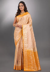Beige with Yellow Border Pastel Banarasi Saree With Blouse Piece - Adi Akshoy & Co.