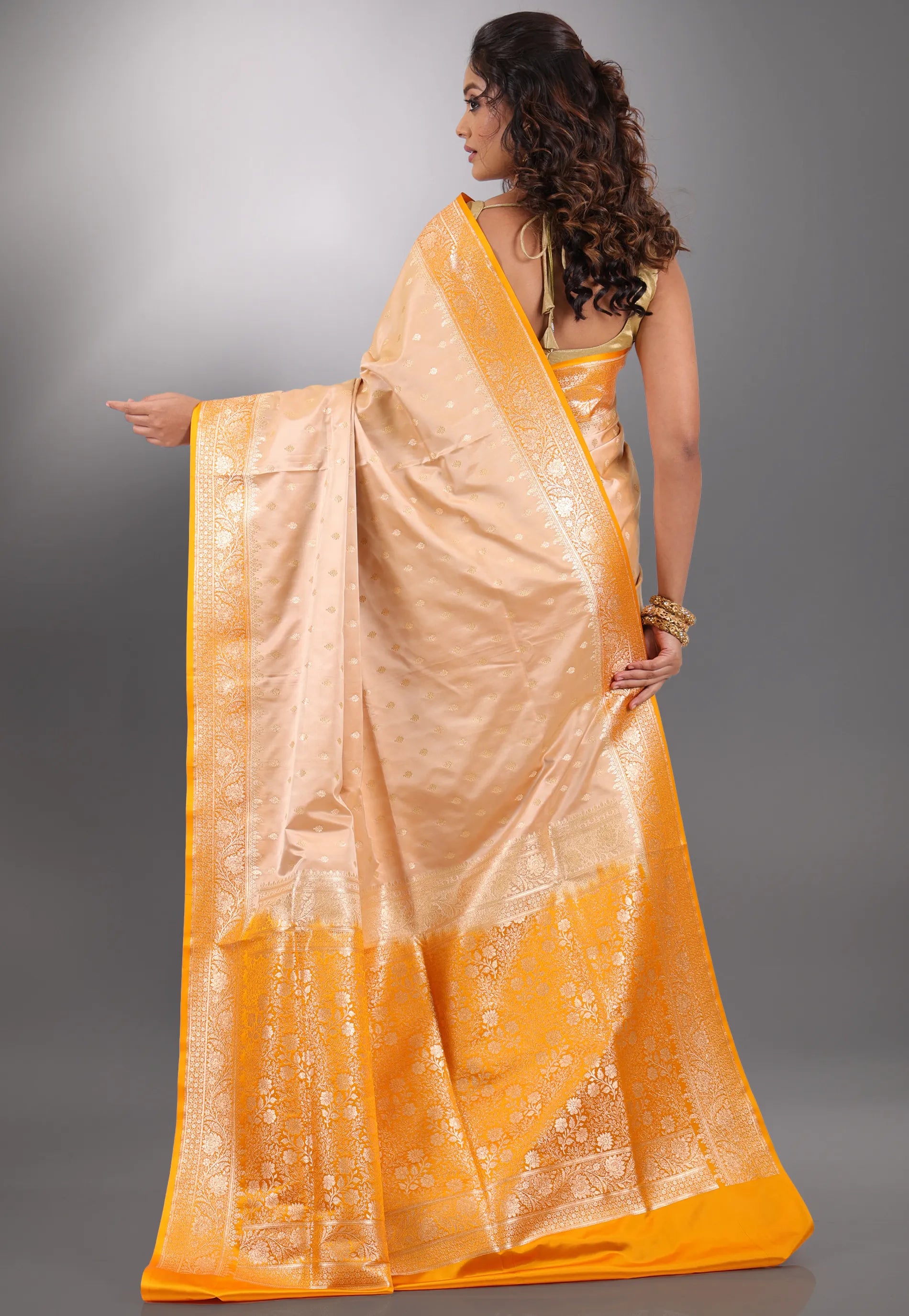 Beige with Yellow Border Pastel Banarasi Saree With Blouse Piece - Adi Akshoy & Co.
